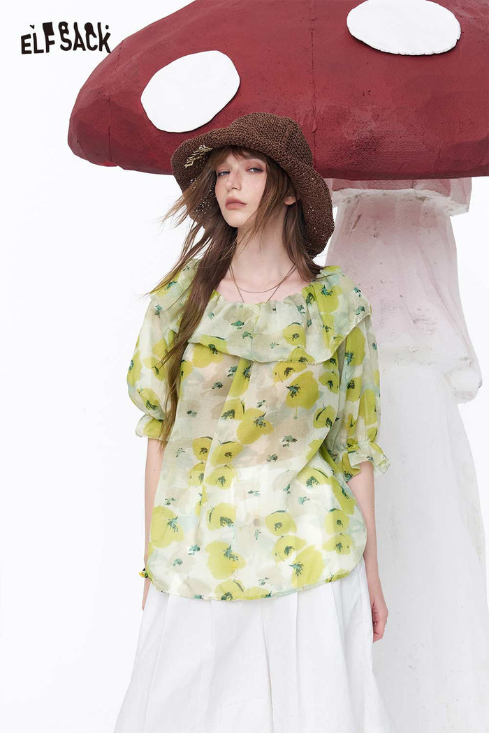 ELFSACK Floral Print Off Shoulder Ruffle Chiffon Blouse