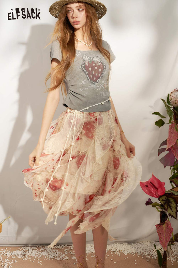 ELFSACK Floral Ruffle Lace Asymmetrical Maxi Skirt