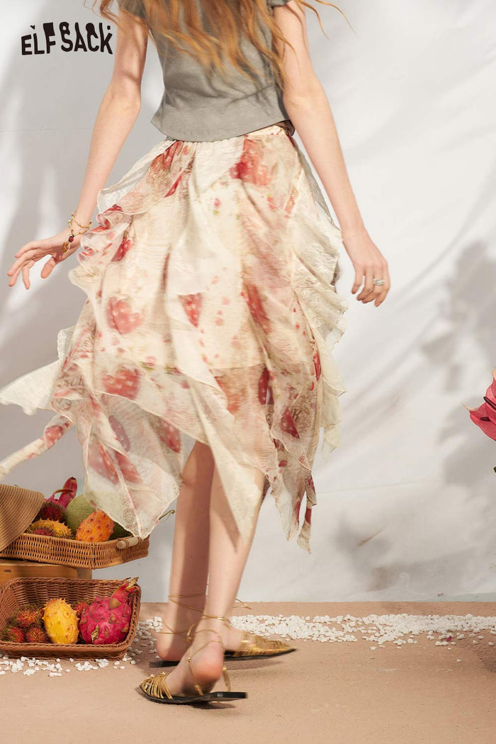 ELFSACK Floral Ruffle Lace Asymmetrical Maxi Skirt