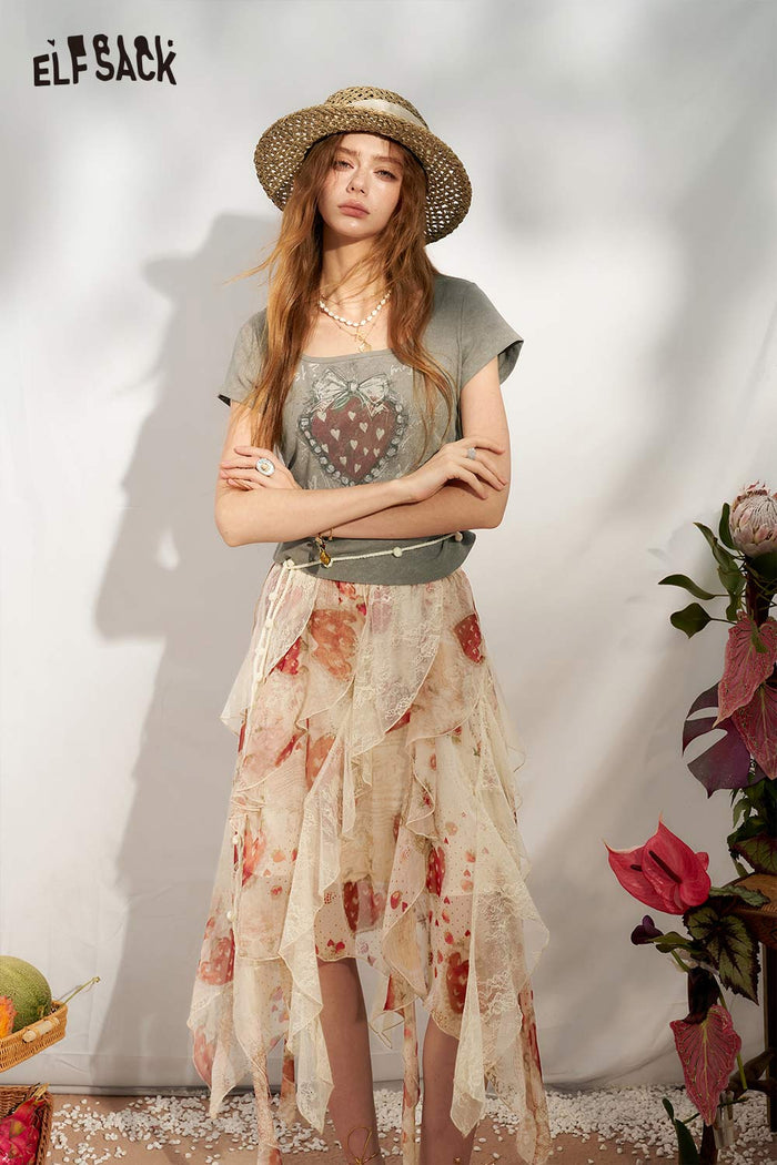 ELFSACK Floral Ruffle Lace Asymmetrical Maxi Skirt