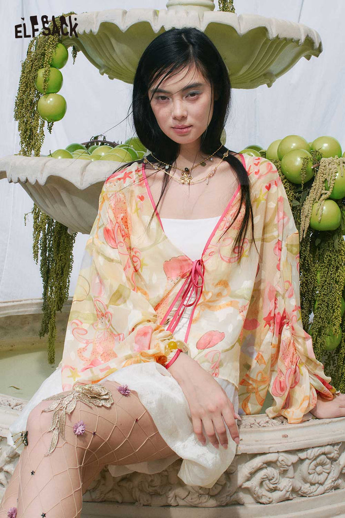ELFSACK Floral Sheer Lantern Sleeve Kimono