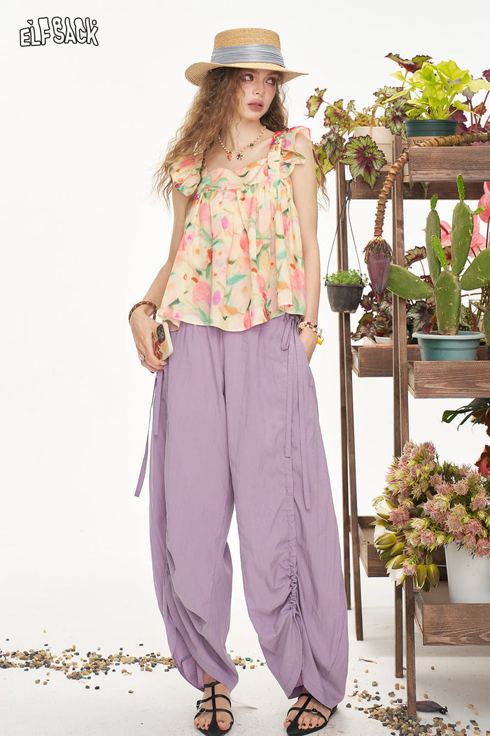 ELFSACK Floral Square Neck Small Fly Sleeve Chic Shirt