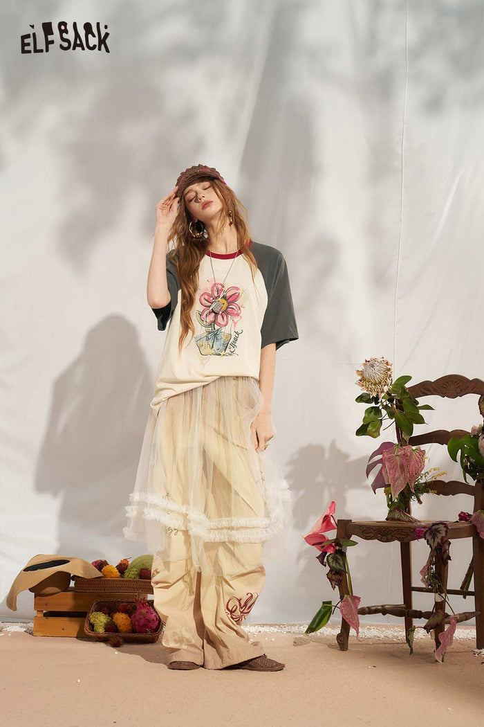ELFSACK Flower Print Colorblock Raglan Tee