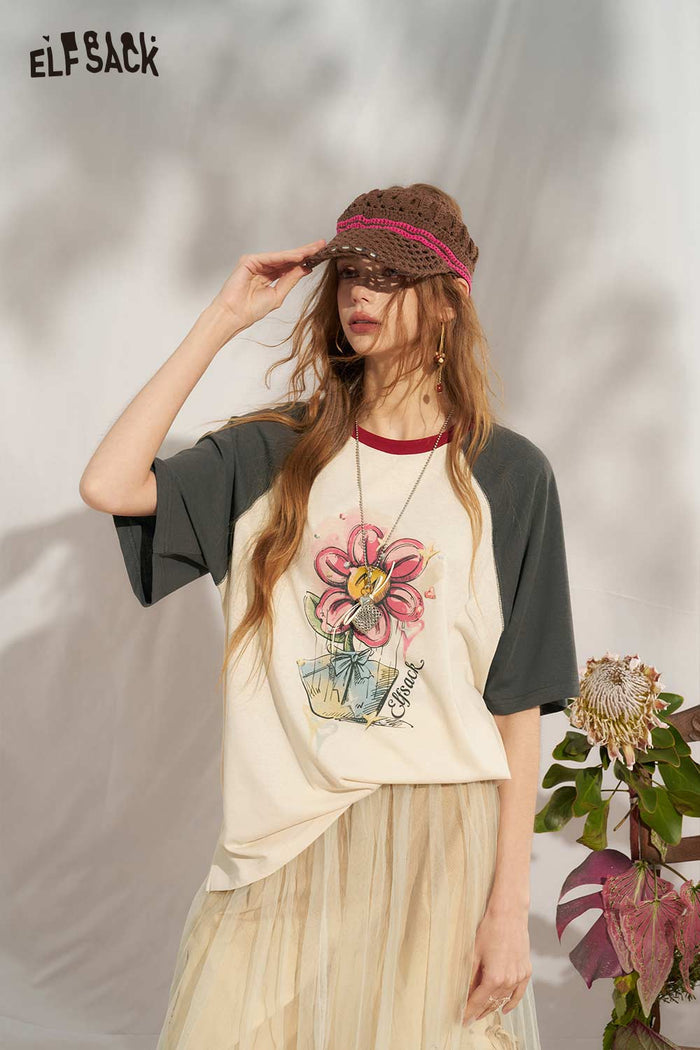 ELFSACK Flower Print Colorblock Raglan Tee