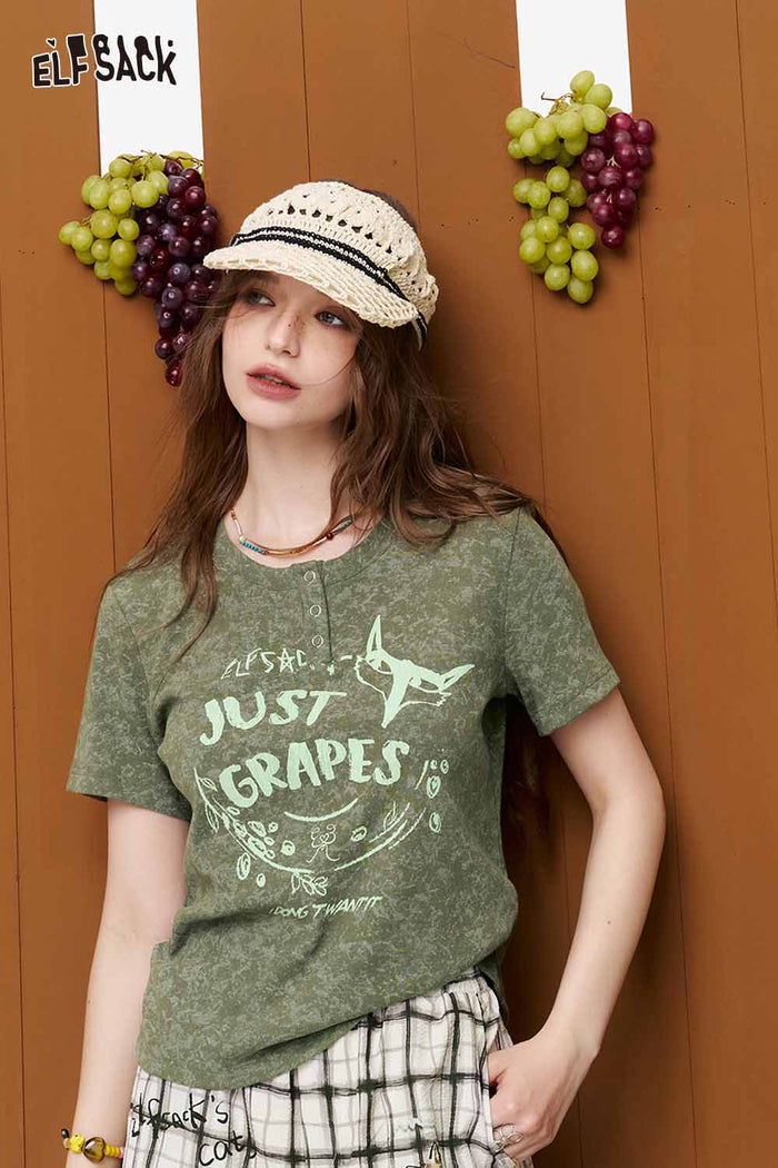 ELFSACK Fox & Grape Print Ruched T-Shirt
