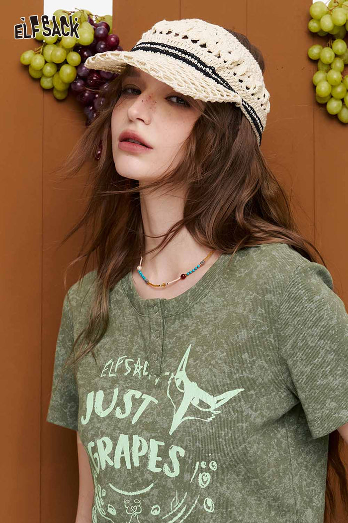 ELFSACK Fox & Grape Print Ruched T-Shirt