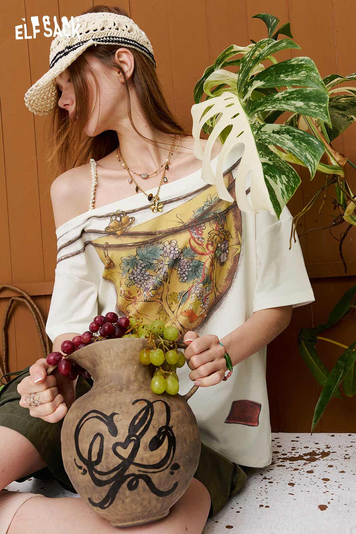 ELFSACK Fox Print Off-Shoulder T-Shirt