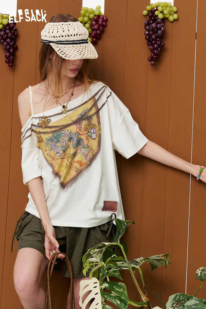 ELFSACK Fox Print Off-Shoulder T-Shirt