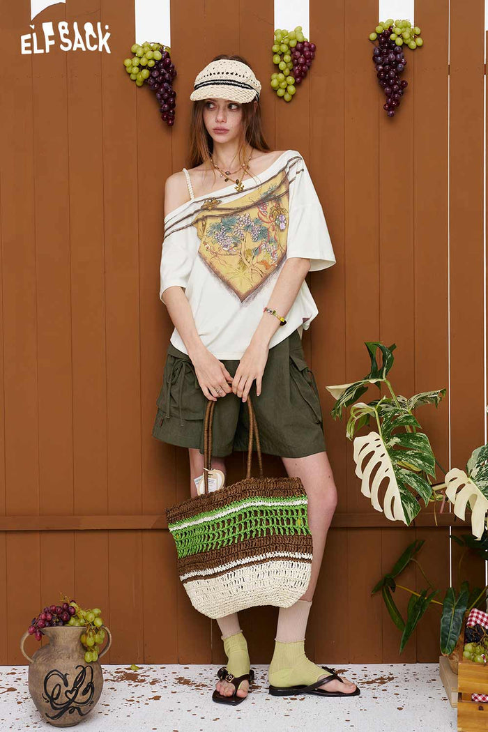 ELFSACK Fox Print Off-Shoulder T-Shirt