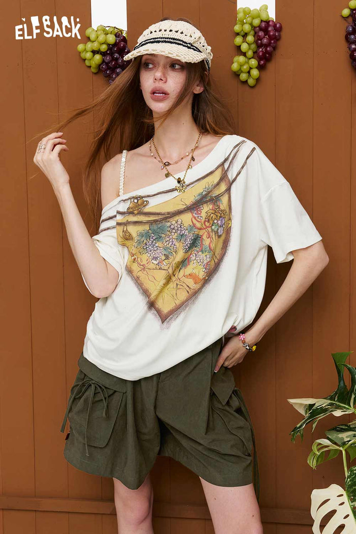 ELFSACK Fox Print Off-Shoulder T-Shirt