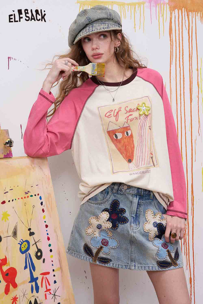 ELFSACK Fox Print Raglan Sleeve Long Sleeve Tee