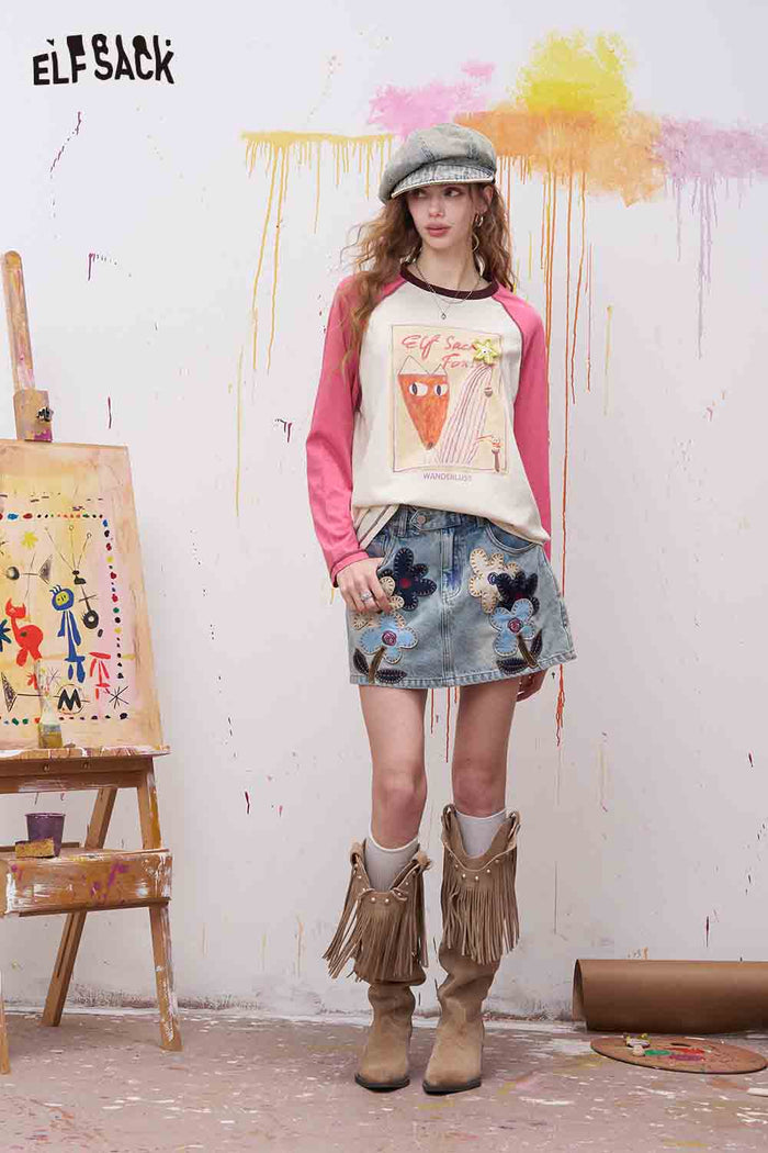 ELFSACK Fox Print Raglan Sleeve Long Sleeve Tee