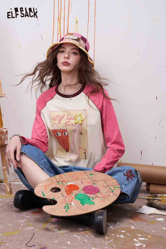ELFSACK Fox Print Raglan Sleeve Long Sleeve Tee