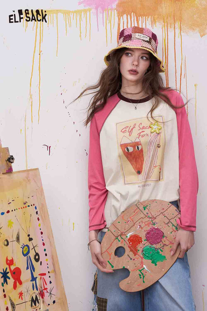 ELFSACK Fox Print Raglan Sleeve Long Sleeve Tee