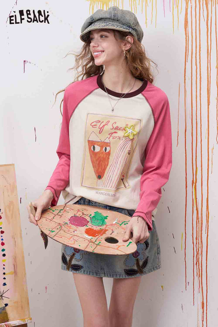 ELFSACK Fox Print Raglan Sleeve Long Sleeve Tee