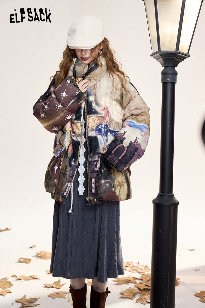 ELFSACK Fox print short loose stand collar down jacket