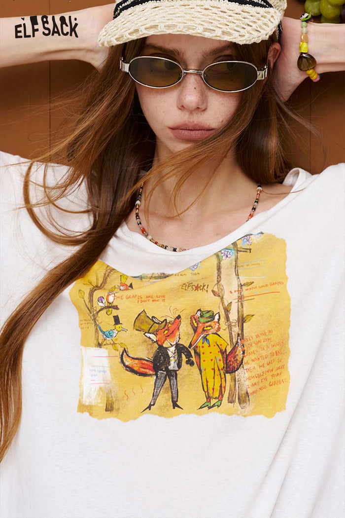 ELFSACK Fox Print White Oversized Tee
