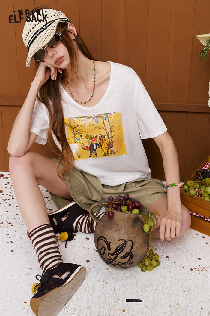 ELFSACK Fox Print White Oversized Tee