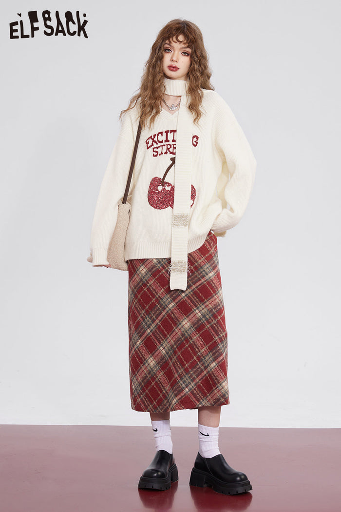 ELFSACK Free Scarf Cherry Kawaii Christmas Sweater Women Korean Fashion Tops