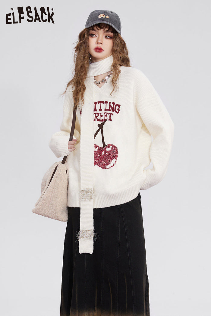 ELFSACK Free Scarf Cherry Kawaii Christmas Sweater Women Korean Fashion Tops