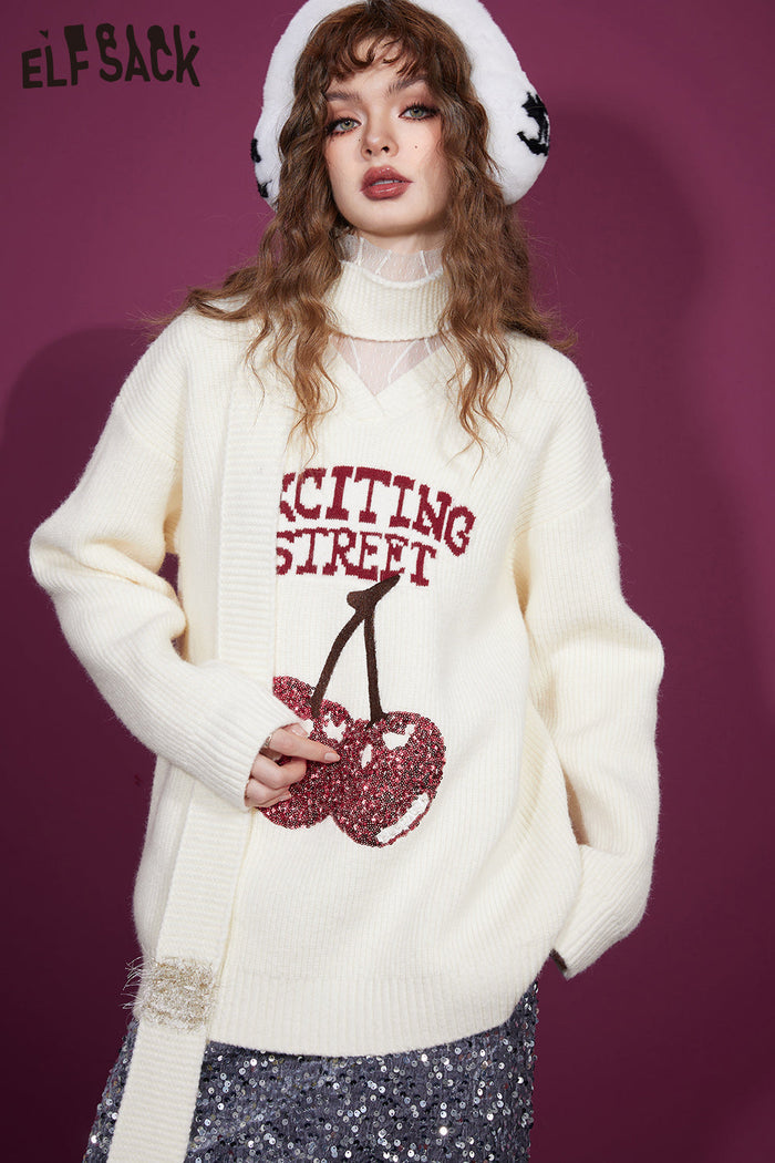 ELFSACK Free Scarf Cherry Kawaii Christmas Sweater Women Korean Fashion Tops