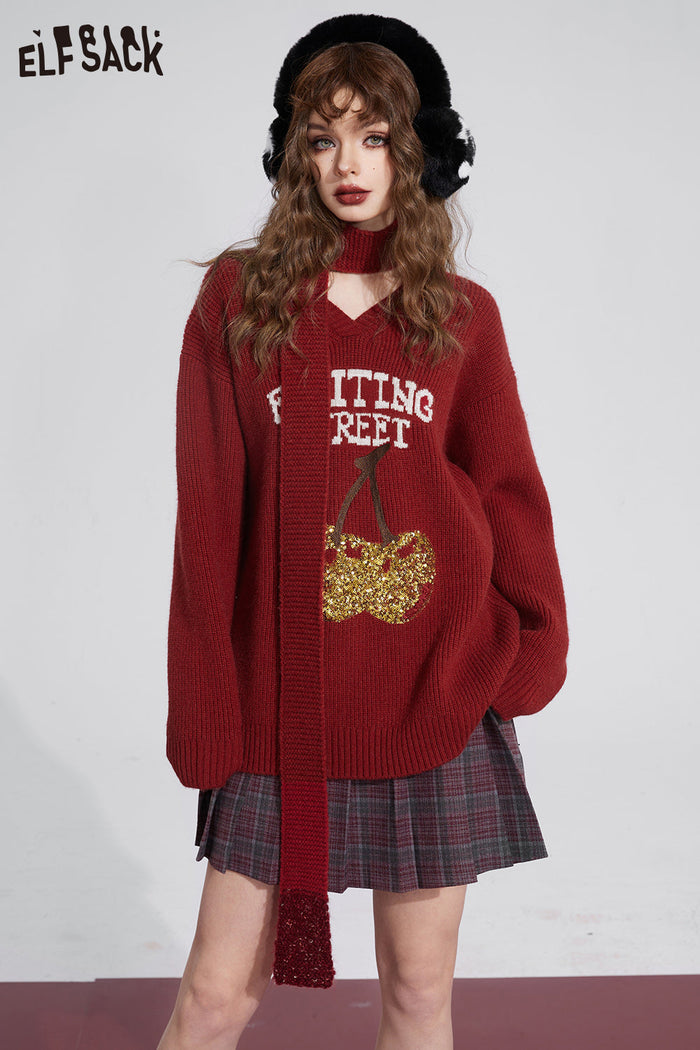 ELFSACK Free Scarf Cherry Kawaii Christmas Sweater Women Korean Fashion Tops
