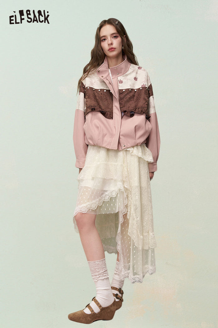 ELFSACK French Soft Lace Polka Dot Mesh Asymmetrical Skirt