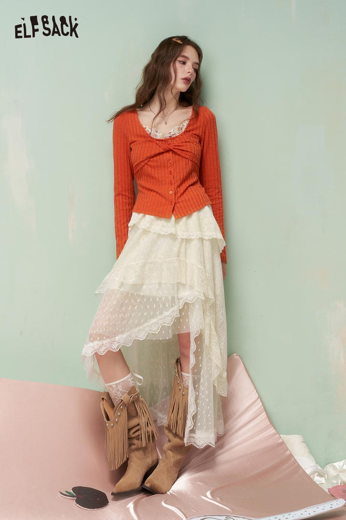 ELFSACK French Soft Lace Polka Dot Mesh Asymmetrical Skirt