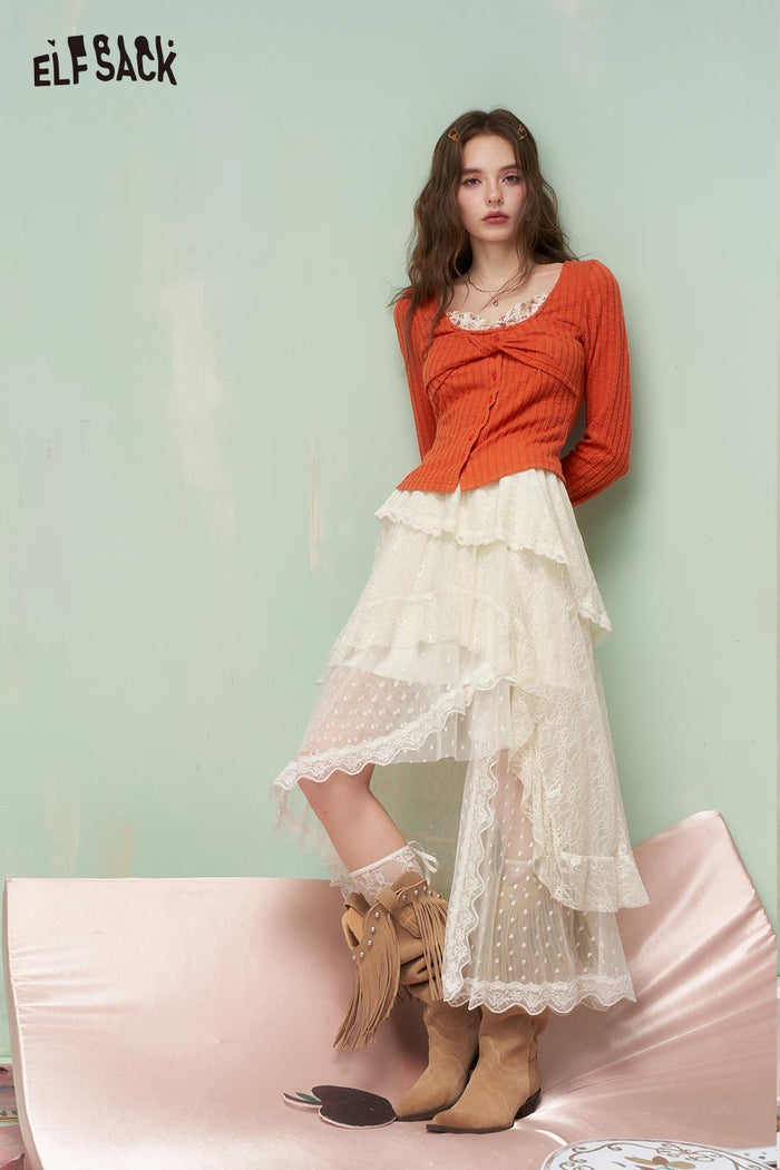 ELFSACK French Soft Lace Polka Dot Mesh Asymmetrical Skirt