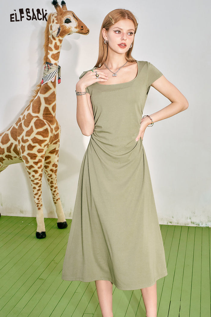 ELFSACK French Square Neck Pleated Waist Tie Dress