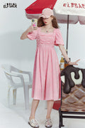 ELFSACK French Square Neck Puff Sleeve Slim Solid Dress