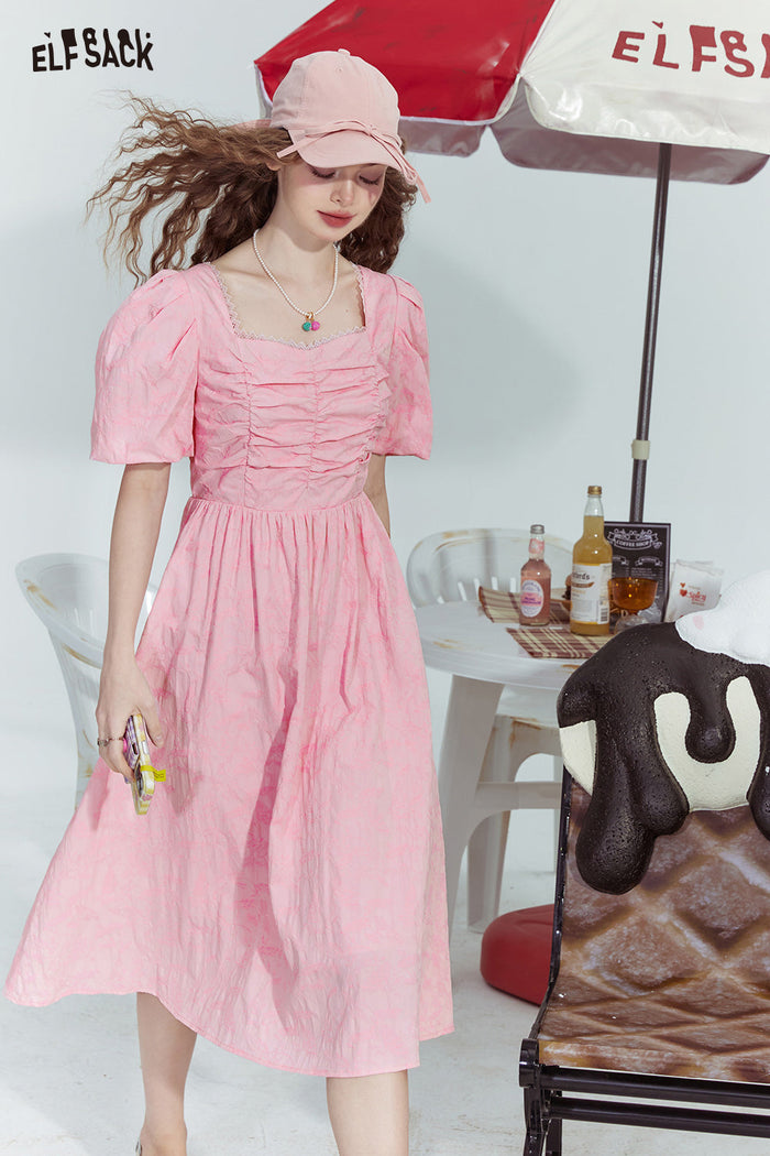 ELFSACK French Square Neck Puff Sleeve Slim Solid Dress