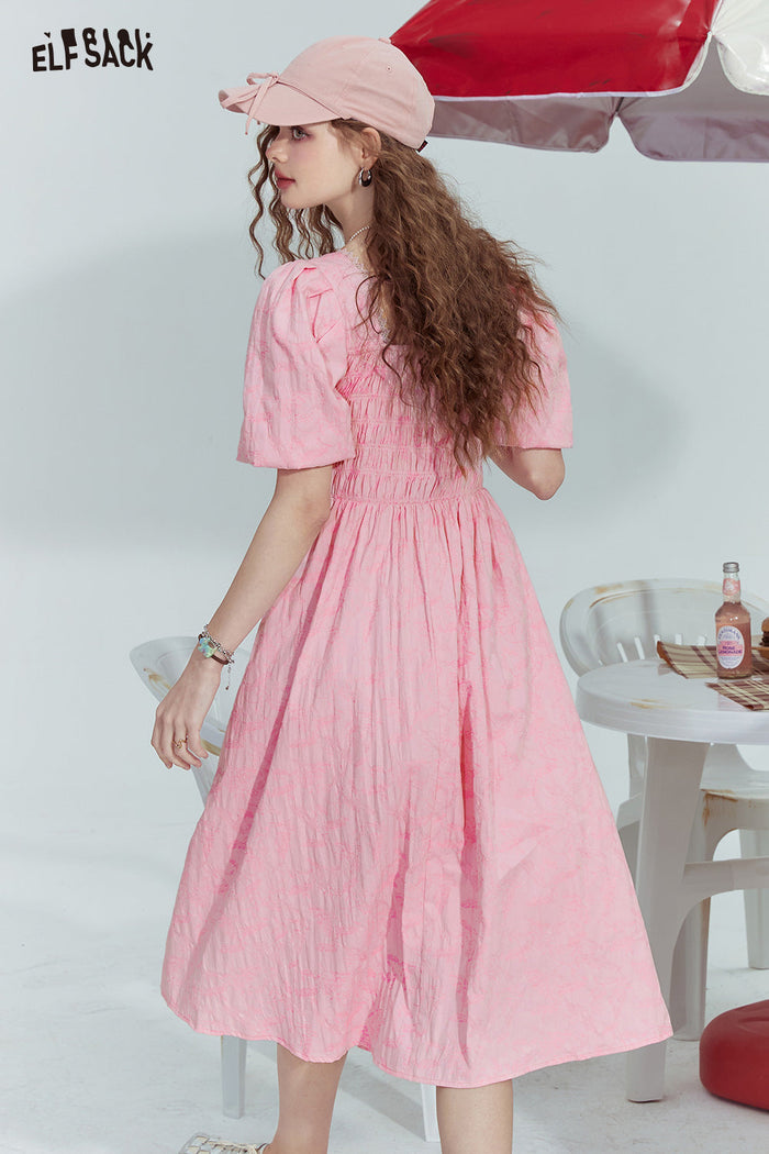 ELFSACK French Square Neck Puff Sleeve Slim Solid Dress