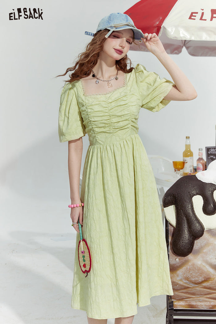 ELFSACK French Square Neck Puff Sleeve Slim Solid Dress