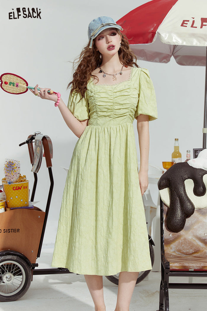 ELFSACK French Square Neck Puff Sleeve Slim Solid Dress