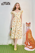 ELFSACK French square neckline floral dress for summer, women's waist up holiday dress