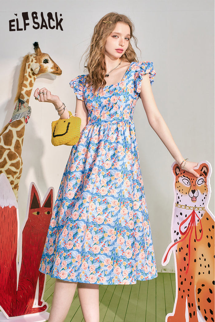 ELFSACK French square neckline floral dress for summer, women's waist up holiday dress