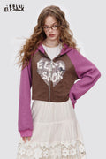 ELFSACK French Terry Fabric Contrast Color Panel Hooded Cropped Zip Front Sweatshirt