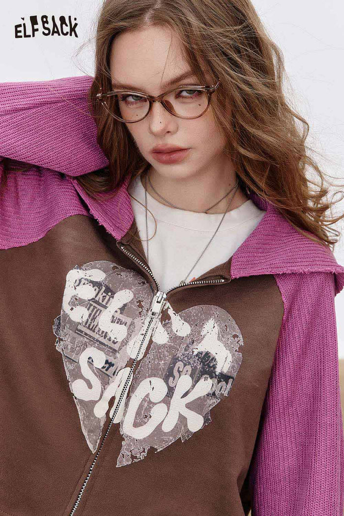 ELFSACK French Terry Fabric Contrast Color Panel Hooded Cropped Zip Front Sweatshirt