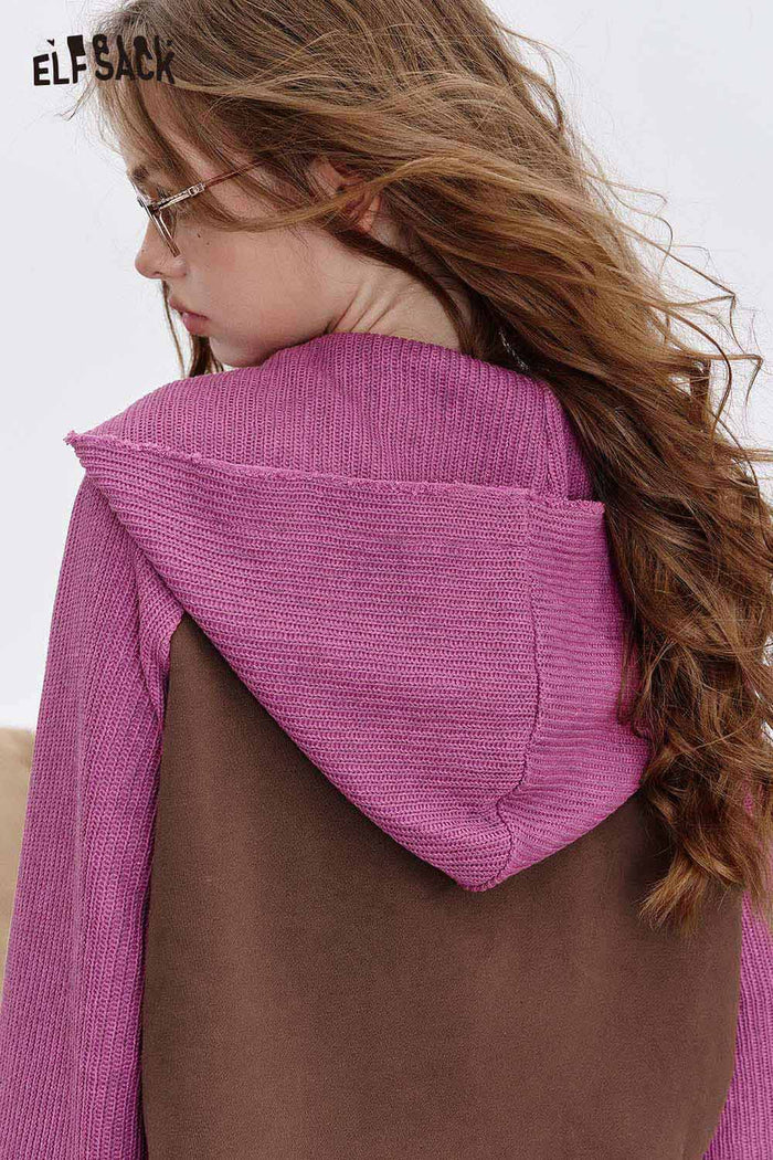 ELFSACK French Terry Fabric Contrast Color Panel Hooded Cropped Zip Front Sweatshirt