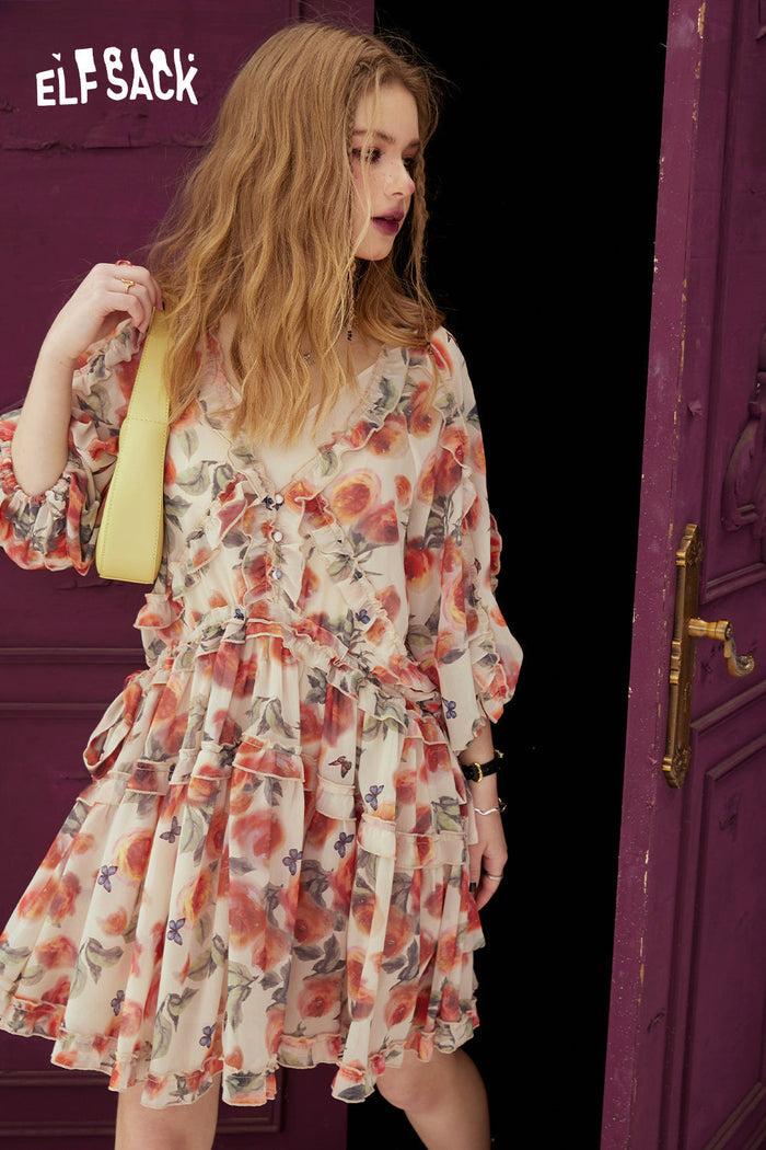 ELFSACK French V-neck floral dress's spring small and stunning holiday dress