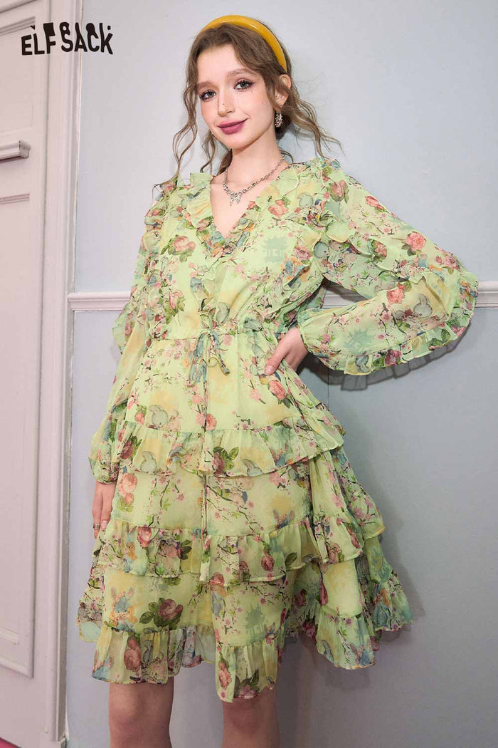 ELFSACK French V Neck Floral Waist Tie Holiday Dress