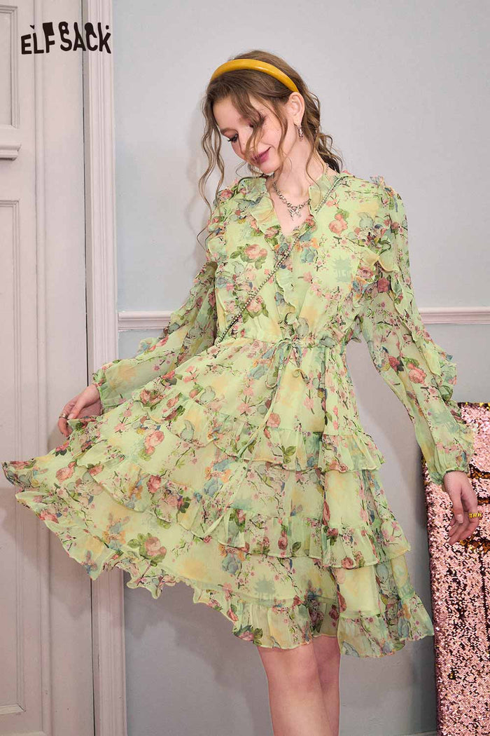 ELFSACK French V Neck Floral Waist Tie Holiday Dress