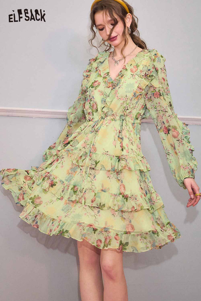 ELFSACK French V Neck Floral Waist Tie Holiday Dress