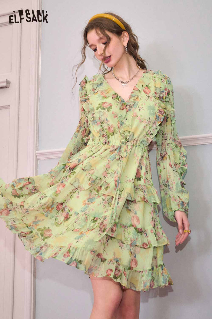 ELFSACK French V Neck Floral Waist Tie Holiday Dress