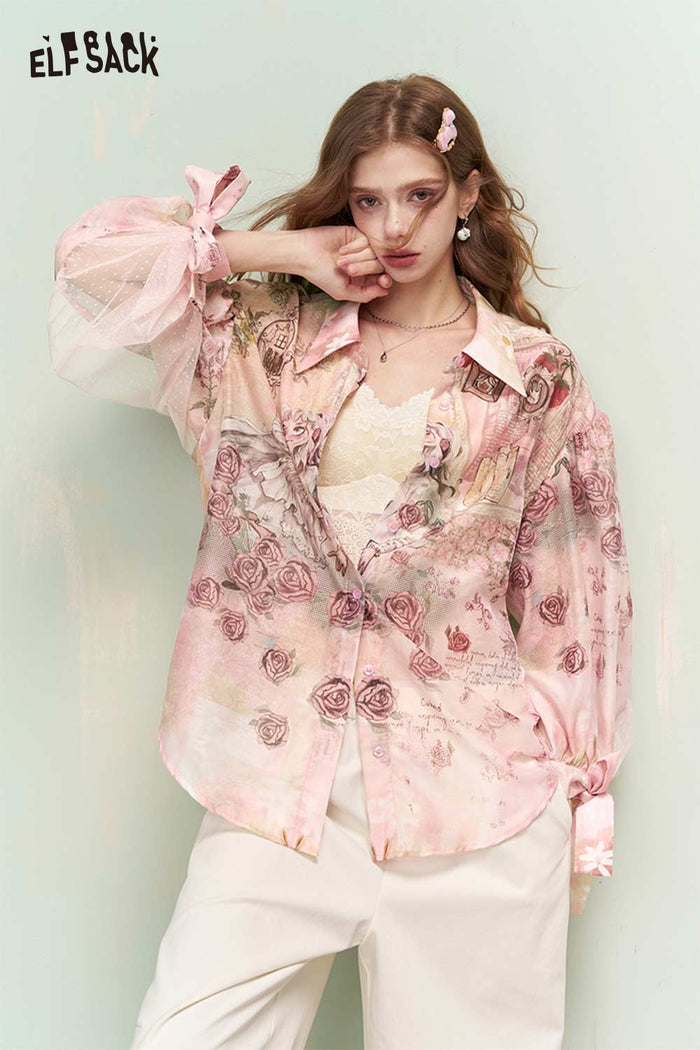 ELFSACK French Vintage Rose Print Mesh Bow Long Sleeve Shirt