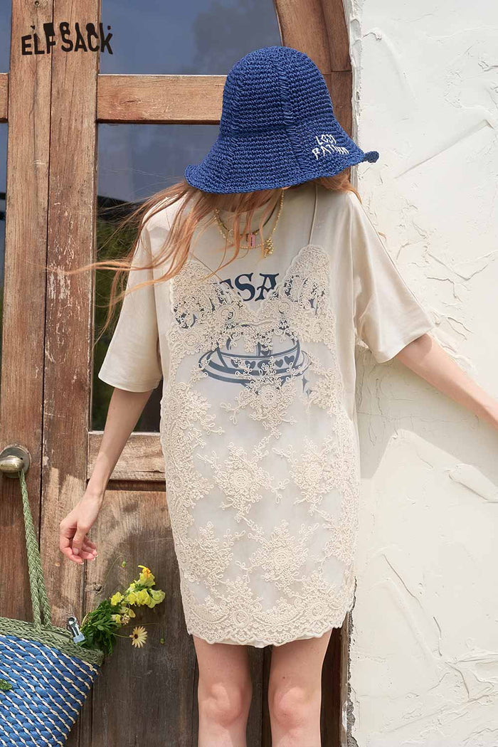 ELFSACK Front Lace Patchwork Letter Print T Shirt Dress