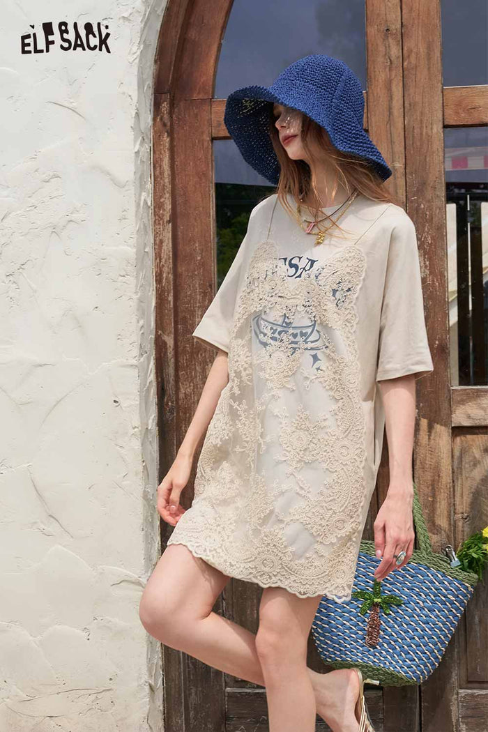 ELFSACK Front Lace Patchwork Letter Print T Shirt Dress