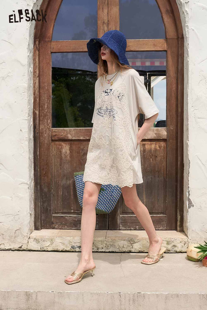 ELFSACK Front Lace Patchwork Letter Print T Shirt Dress