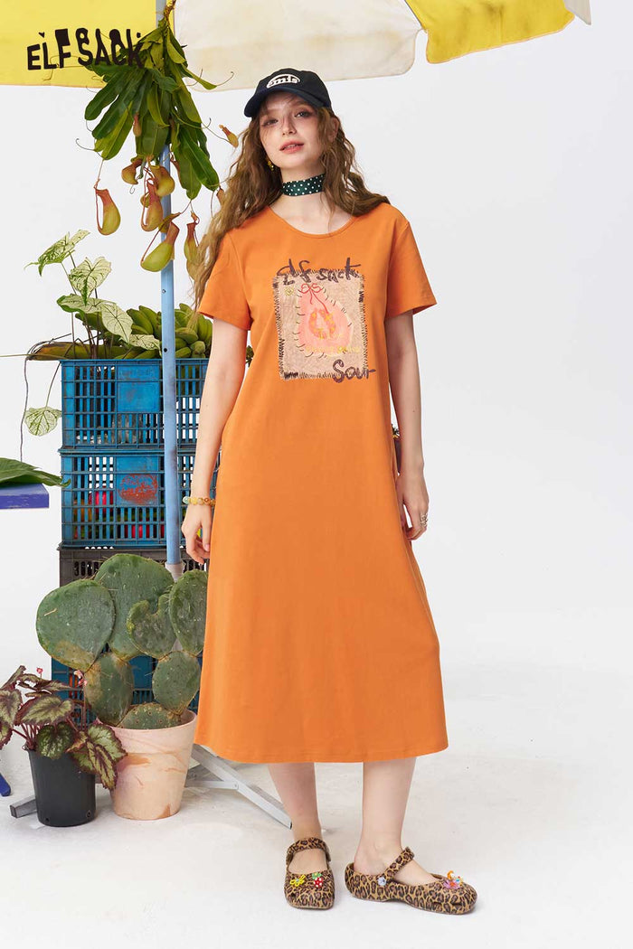ELFSACK Fruit Print Back Cutout Midi Dress
